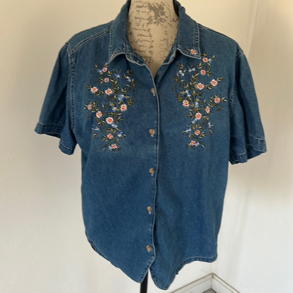Vintage Bobbie Brooks Floral Embroidered Denim Top Sz Xl